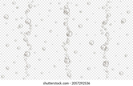 Oxygen bubbles on transparent background. Fizzy carbonated drink, seltzer, beer, soda, cola, lemonade, champagne texture. Water air stream in sea or aquarium. Vector realistic illustration.