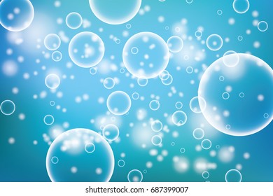Oxygen bubbles in water blue background for scientific and biological concepts. Transparent circle, sphere ball, water sea or ocean, vector illustration. Vector