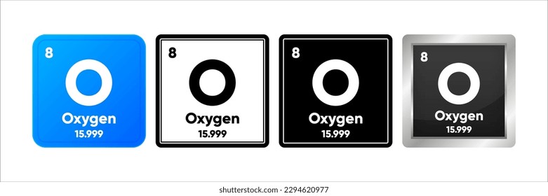 Elemento químico de oxígeno con 8 números atómicos, masa atómica y valores de electrónica. Concepto de tabla periódica. Logo de cuatro diseños. Sencillo logotipo negro, realista y en color. Ilustración vectorial.