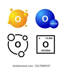 Oxygen, chemical element. O, or Oxygen sign in a periodic table. Vector set. Chemistry and scientific research concept