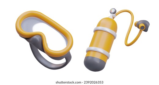 Oxygen cylinder with mask for breathing under water, mask for underwater swimming. Set of devices for scuba diver. Professional equipment. Illustrations for online store, rental business