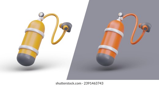 Oxygen cylinder with mask for scuba diving. Metal container with oxygen for diving. Set of options in different colors. Equipment for underwater sports