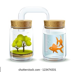 Oxygen for fish. Graphic illustration of trees providing oxygen for respiration of living organisms.