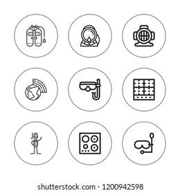 Oxygen icon set. collection of 9 outline oxygen icons with aqualung, atmosphere, burner, diver, diving mask icons. editable icons.