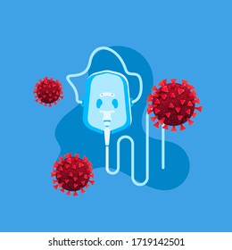 Oxygen mask with coronavirus cell on a blue background in flat lay style. Lung ventilation concept