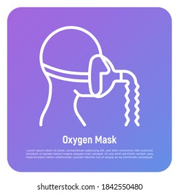 Oxygen mask thin line icon. Lack of oxygen, difficulty breathing. Medical treatment for covid-19. Vector illustration.