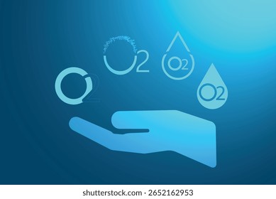 Oxygen molecule icon O2 floating above palm. Vector illustration on blue background. Isolated on dark blue.