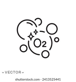 Sauerstoffmolekül-Symbol, O2-Modell, Reinluft-Konzept, Dünnliniensymbol einzeln auf weißem Hintergrund, bearbeitbarer Strich eps10 Vektorgrafik.