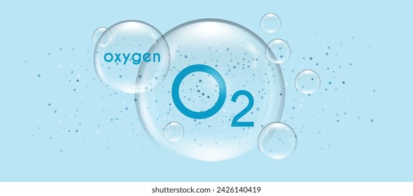 Sauerstoffmolekül in einer transparenten 3D-Blase. Symbol für sauberes Wasser und Luft. Chemisches O2-Element. Vektor-Illustration auf blauem Hintergrund