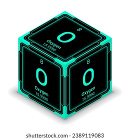 Oxygen (O) (008) - Fundamental Element Futuristic Cybernetic Cube Block Isometric View, Icon Isolated White Background, Periodic Table, Chemical Symbol, Name, Atomic Mass, Atomic Number