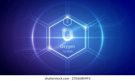 Oxygen (O) (008) Nonmetal, Chalcogen - Fundamental Element Futuristic Neon Light Glow Hexagon Block Grid Background Design - Periodic Table, Chemical Symbol, Name, Atomic Mass, Atomic Number