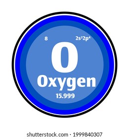 Oxygen (O) 3D button on blue and white background on the periodic table of elements with atomic number or a chemistry science concept or experiment.	