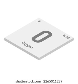 Oxygen, O, gray 3D isometric illustration of periodic table element with name, symbol, atomic number and weight. Non-metal with various industrial uses, such as in steel production, medical therapy