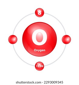 Oxygen (O) Icon structure chemical element round shape circle light red with surround ring. 3D Illustration vector. Period number shows of energy levels of electron. Study science for education