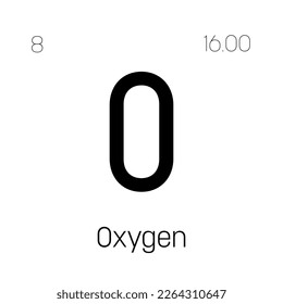 Oxygen, O, periodic table element with name, symbol, atomic number and weight. Non-metal with various industrial uses, such as in steel production, medical therapy, and as a filling gas in certain