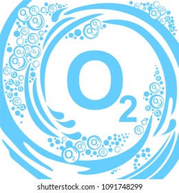 Oxygen O2. Abstract blue bubbles background.  Vector illustration.
