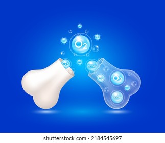 Oxygen O2 bubbles float out of the bone capsule. Help heal arthritis knee joint. Healthy bones. Used for nutrition products food template design. 3D Vector EPS10.