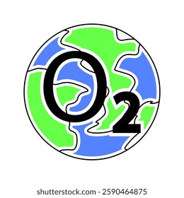 Oxygen O2 and earth globe. featuring abstract green and blue patterns to represent land and water, representing the natural environment of the planet. Highlighting the importance of oxygen to life.