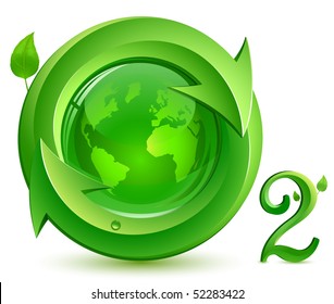 Oxygen. o2.  Eco Concept. Globe, arrows and green leaves with drop of water.