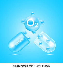 Oxygen O2 molecule models blue natural gas float out of the capsule transparent. Ecology and biochemistry concept. On solid background. 3D Vector Illustration.