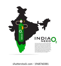 Oxygen Shortage in India during the second wave of coronavirus Covid-19 pandemic. Indian map with oxygen cylinder on white background, Flat image. Vector illustration