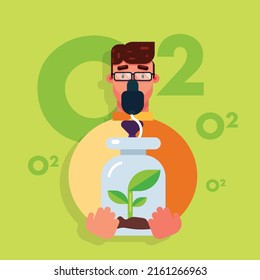 Oxygen Shortage Man With Plant And Mask Inhaling Air, Sad Save Environment Cartoon Poster Vector