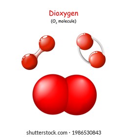 oxygen. Structural Chemical Formula of dioxygen. O2 Molecule Model. Singlet oxygen or dioxidene. Chemistry. Poster for Education. Set icons. Vector