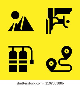 oxygen tank, climbing, location and pyramids vector icon set. Sample icons set for web and graphic design