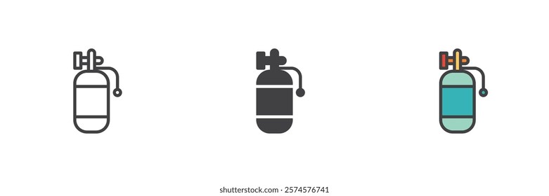 Oxygen tank different style icon set. Line, glyph and filled outline colorful version, outline and filled vector sign. Symbol, logo illustration. Vector graphics