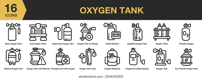 Oxygen Tank icon set. Includes basic, underwater, dual, health detector, emergency, and More. Outline icons vector collection.