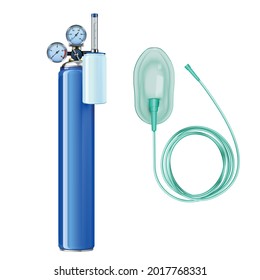 Oxygen tank and mask realistic composition with isolated images of o2 cylinder and medical breathing mask vector illustration