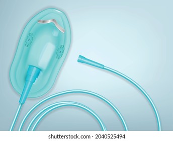 Oxygen tank and mask realistic composition with image of medical appliance with flexible pipe face mask vector illustration