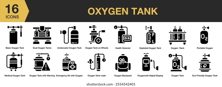 Oxygen Tank solid icon set. Includes basic, underwater, dual, health detector, emergency, and More. Solid icons vector collection.