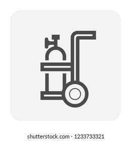Oxygen tank or oxygen storage vessel in telescopic handle foldable trolley cart on wheels vector icon design. For medical breathing, therapy in hospital and welding, cutting work in construction site.