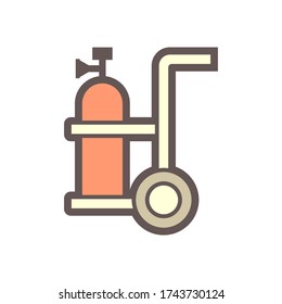 Oxygen tank or oxygen storage vessel in telescopic handle foldable trolley cart on wheels vector icon design. For medical breathing, therapy in hospital and welding, cutting work in construction site.