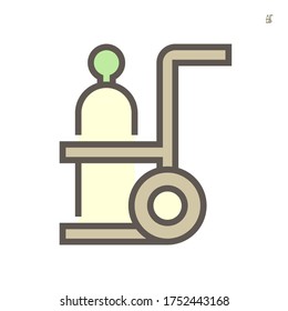 Oxygen tank or oxygen storage vessel in telescopic handle foldable trolley cart on wheels vector icon design. For medical breathing, therapy in hospital and welding, cutting in construction. 64x64 px.