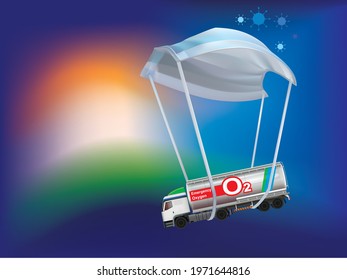 A oxygen tanker landing with the help of safety surgical mask like parachute. A creative idea for illustrate covid pandemic emergency and crises. idea for India needs Oxygen, rapid supply.