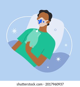 Oxygen therapy for covid patient in oxygen mask on NIV, covid-19 hypoxemia, african american senior woman suffering from low saturation, vector cartoon character, flat illustration