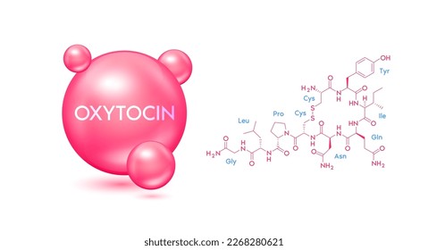 Oxytocin-Modell rote und strukturelle chemische Formel. Symbol 3D Symbol einzeln auf weißem Hintergrund. Hormon im menschlichen Gehirn. Medizinische wissenschaftliche Konzepte. Vektor EPS10.