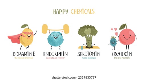 Oxytocin, Serotonin, Endorphin, Dopamin. Hormone bunter Vektorgrafik. Stimmungsstabilisator, Liebeshormon, Belohnungschemikalie, Schmerzmittel. Hormon Health Icon der Chemie Health Emotion