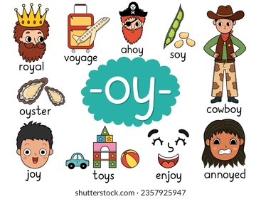 Oy digraph spelling rule educational poster for kids with words. Learning -oy- phonics  for school and preschool. Phonetic worksheet. Vector illustration