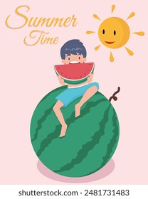 oy eating watermelon in summer background.vector.llustration