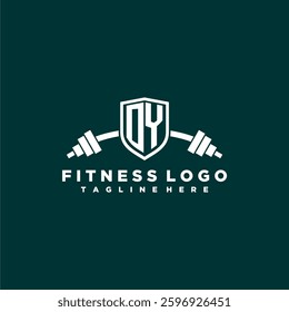 OY initial monogram for fitnes or gym logo with creative shield and barbell design