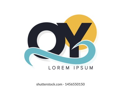 OY letter logo with ocean waves and sunset. Beach concept design