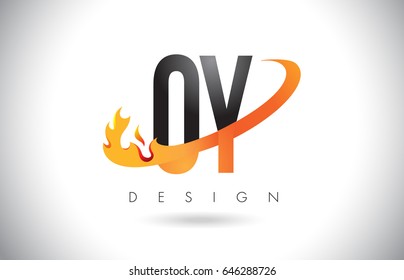 OY O Y Letter Logo Design with Fire Flames and Orange Swoosh Vector Illustration.