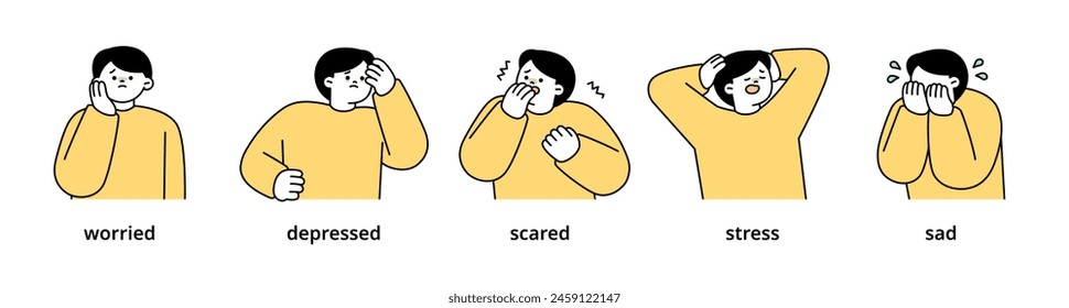 oy upper body character expressing 5 different emotions - Set 4. Simple outline vector illustration.