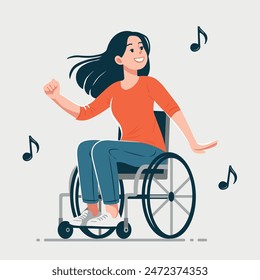 oyful woman dancing in a wheelchair with functions vector illustration.