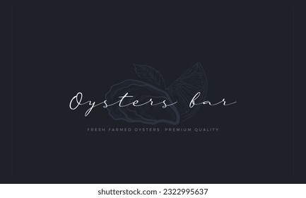 Oyster bar banner with hand drawn closed oyster shell and lemon on the background. Dark blue premium, luxury feel template for menu cover, invitation, banner, flyer or business card