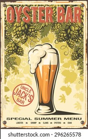 Oyster Bar Beer Hop Background Grunge Poster. Vector Illustration.