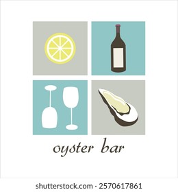 Oyster Bar calligraphy, Oyster, cut lemon and wine bottle simple design.